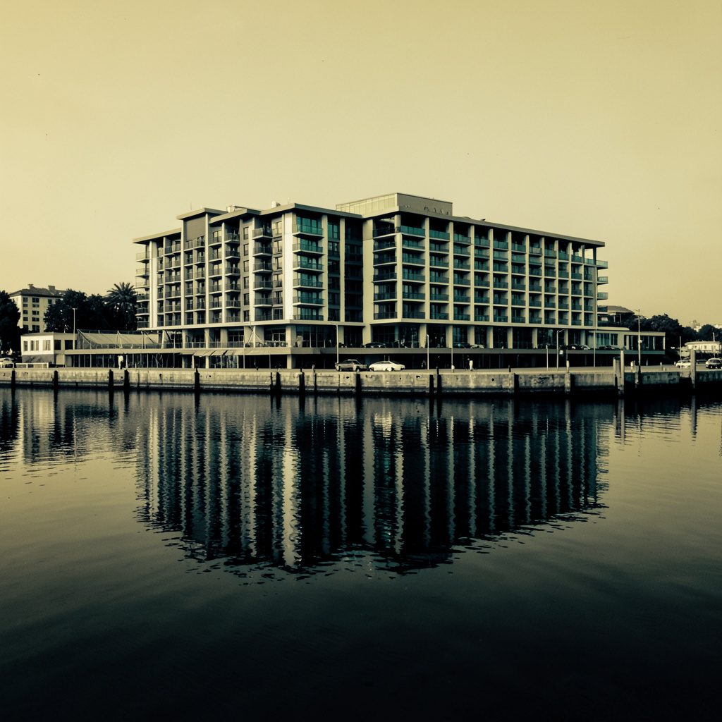 Hard two-tone duotone photograph of a modern waterfront hotel facade reflected on still harbor water in muted gold and deep blue